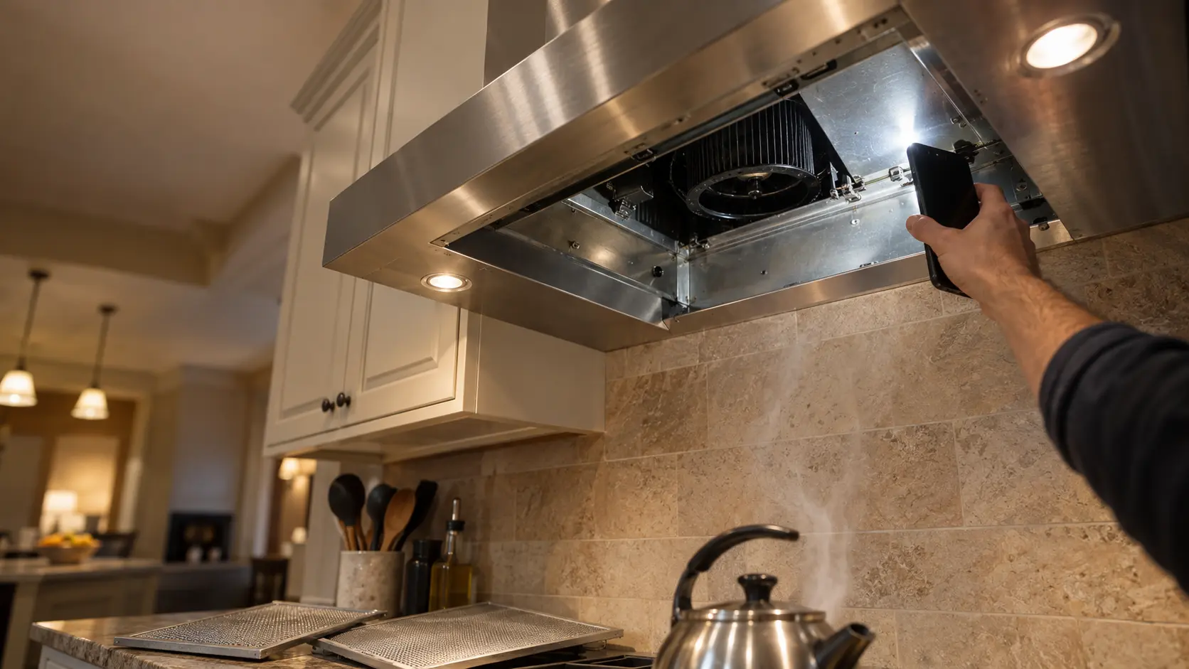 An upward view into a stainless under-cabinet range hood with its grease filters taken down and resting on the counter, a phone's flash lighting the inside wall of the range hood, a faint trace of steam from a kettle drifting up, the burners cropped out below.