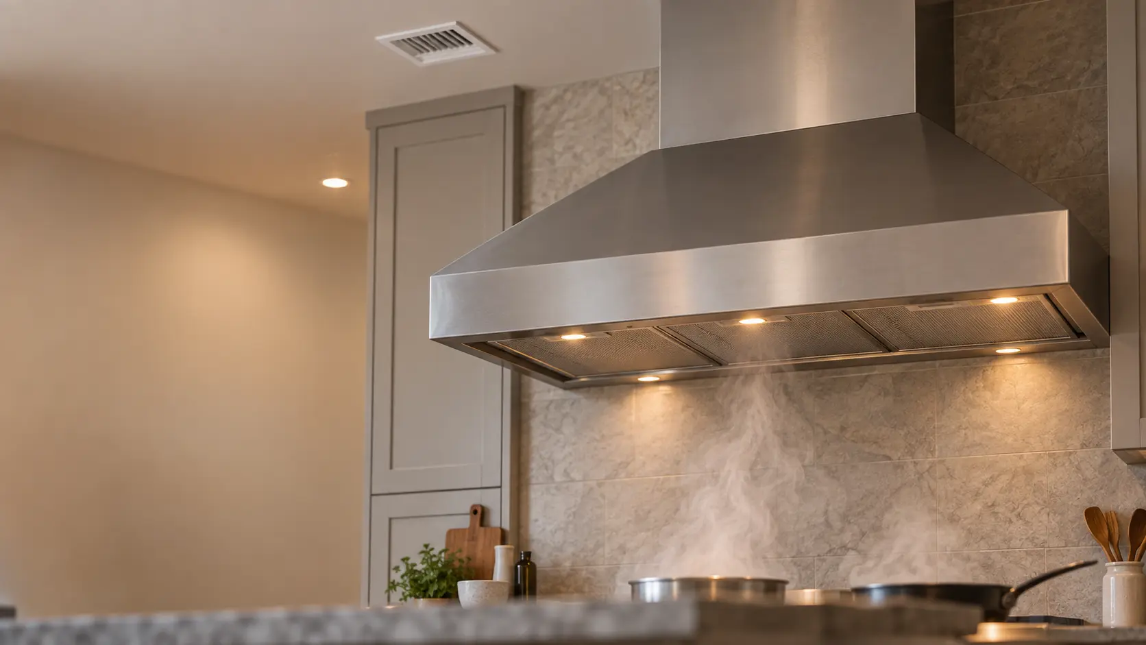 A large stainless professional-style wall-mount range hood above a row of burners in a modern home kitchen, a small white make-up air register visible in the ceiling nearby, light steam rising into the range hood, the cooking surface soft and cropped at the bottom of the frame.