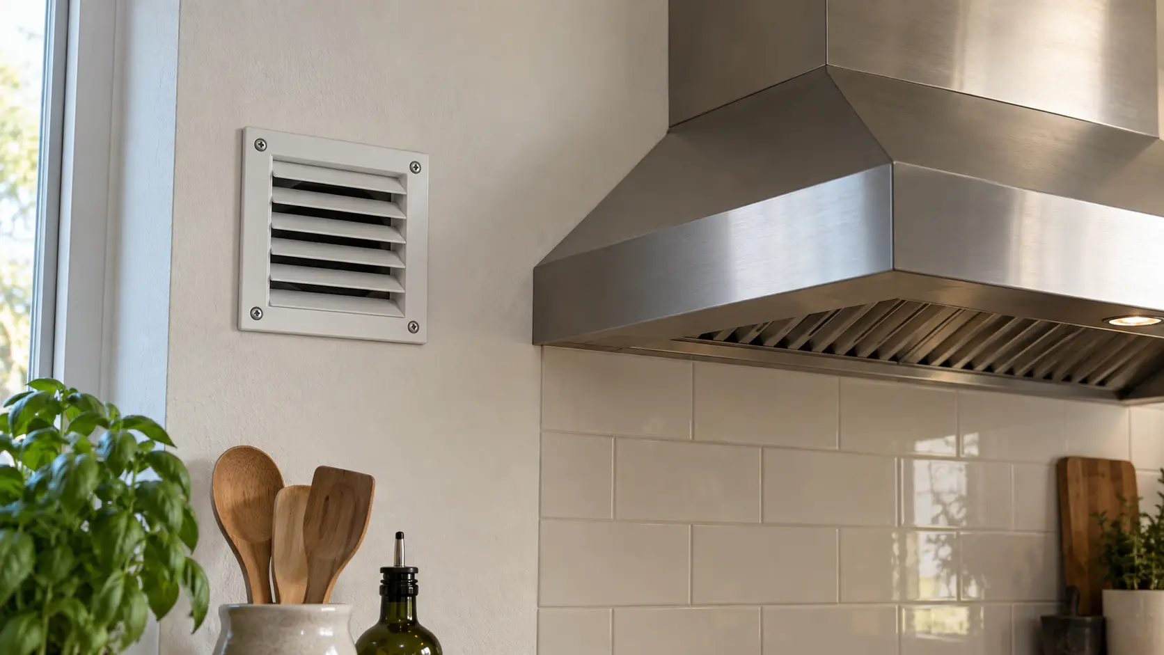 Close on a small louvered air inlet in a kitchen wall near a large range hood.