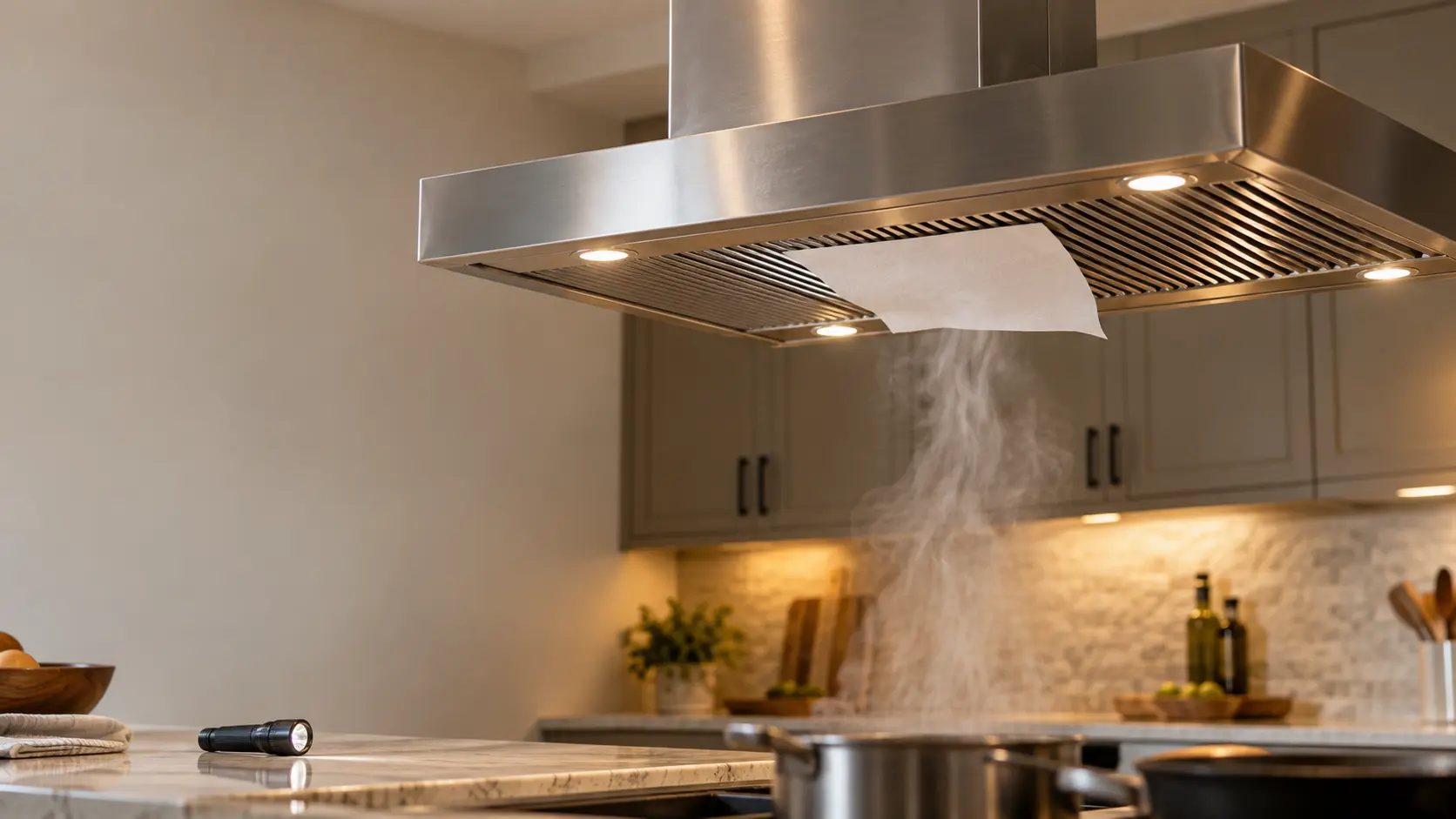 A stainless island range hood hanging over a kitchen island in a US home, a sheet of paper towel lifted flat against its filters by the draw and a thin ribbon of steam rising into the range hood, a flashlight on the counter, the burners below soft and cropped.