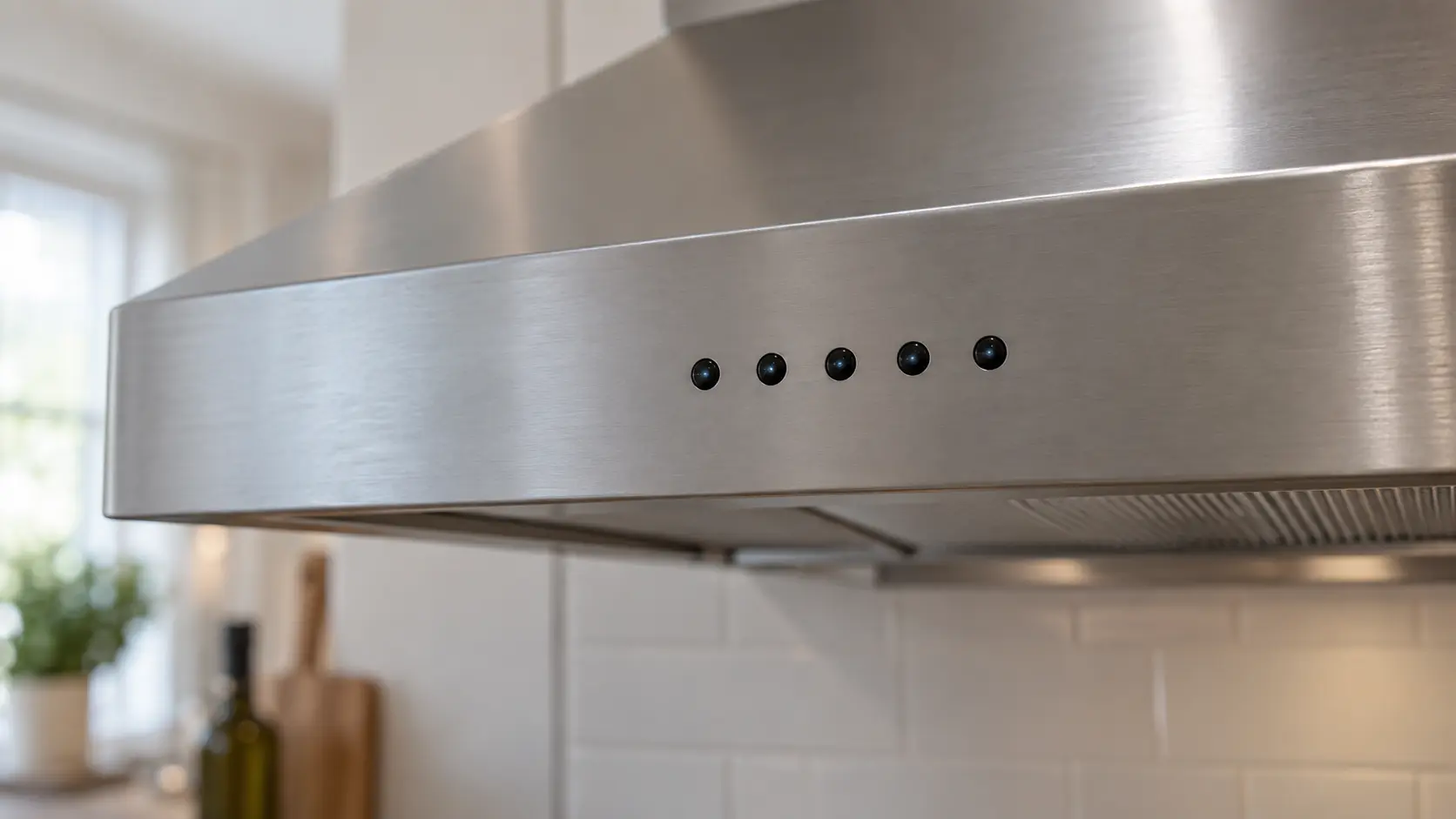 Close on a row of small dark indicator lights on the front edge of a range hood.