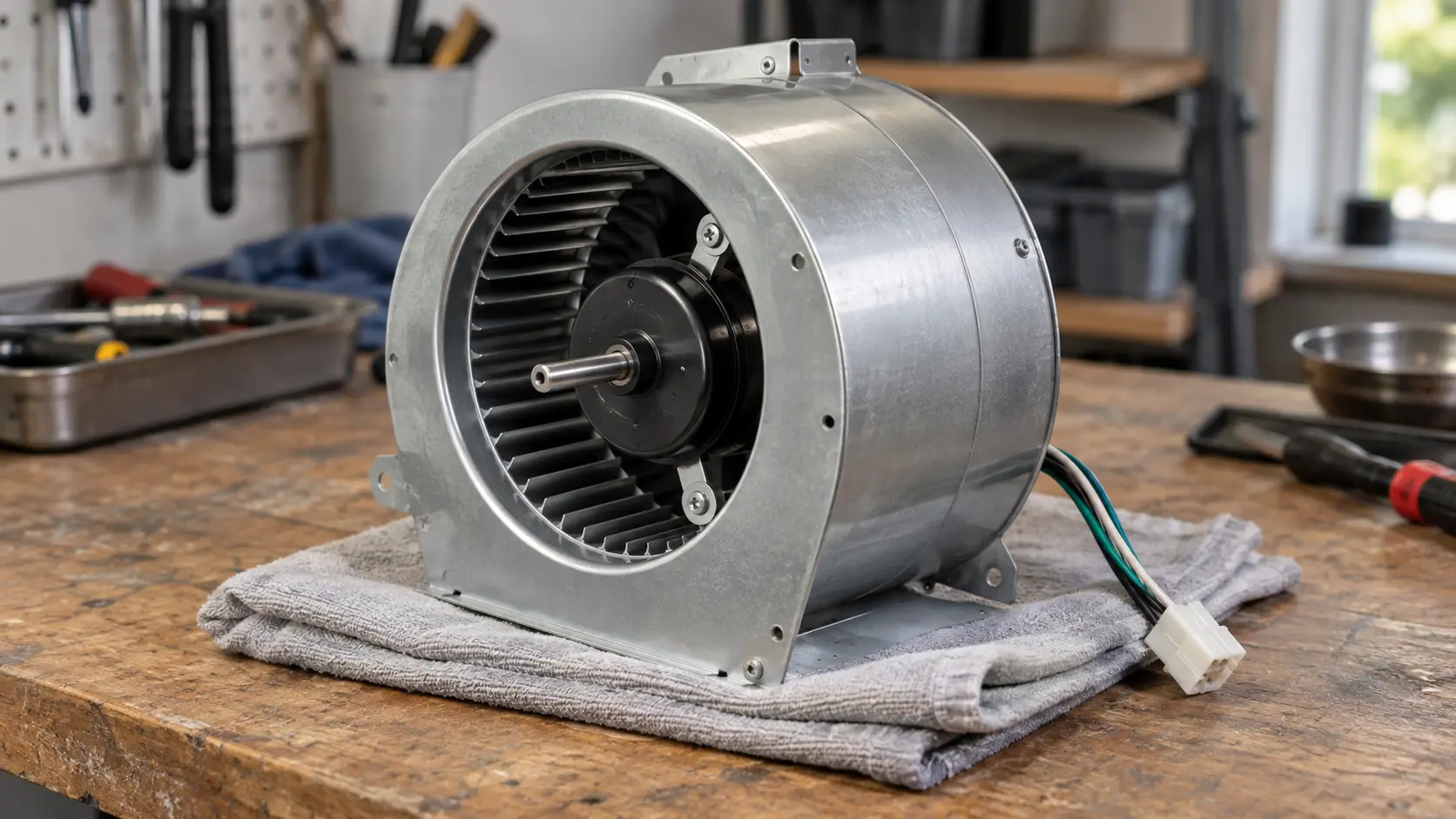 Close on a new range hood blower motor resting on a folded cloth on a workbench.