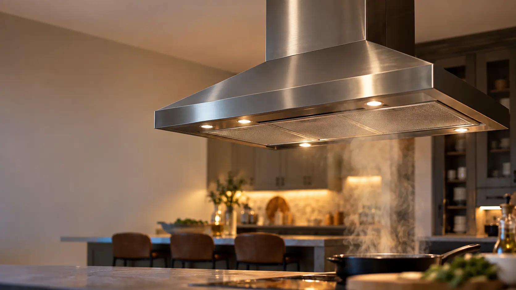 A wide stainless island range hood hanging from the ceiling above a kitchen island, photographed from a low three-quarter angle so the full canopy width shows against the dark burners beneath it, light steam rising into the range hood, the cooking surface soft and cropped, bar stools blurred in the background.