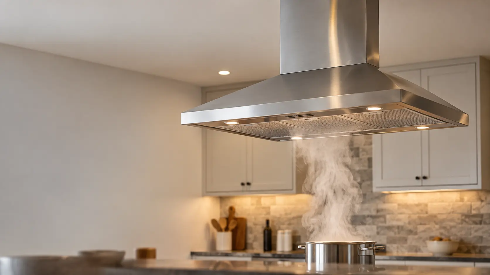A stainless island range hood hanging from a white ceiling over a kitchen island, a tall rectangular flue cover rising to the ceiling, steam from a simmering pan rising into the range hood, the burners and island top below cropped and softly out of focus, pendant-free open space around it.