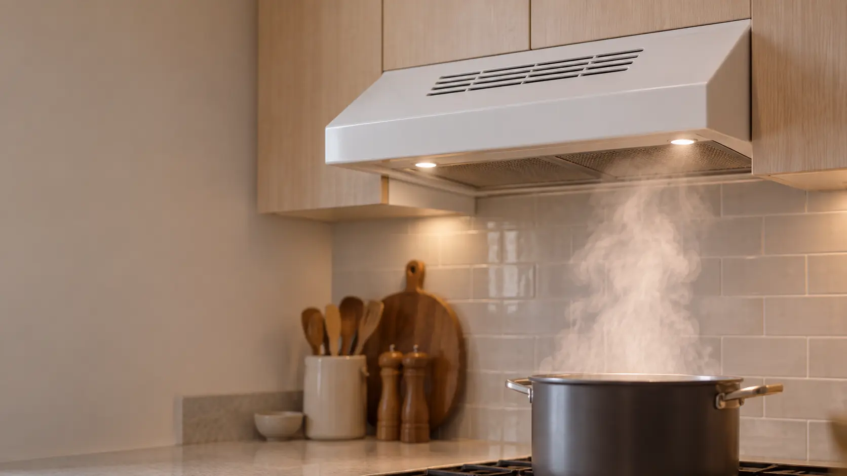 A white under-cabinet range hood below pale wood cabinets in a small apartment kitchen, its front louvers of the recirculating outlet visible, a light plume of steam rising from a pot into the range hood, the burners below cropped and out of focus.
