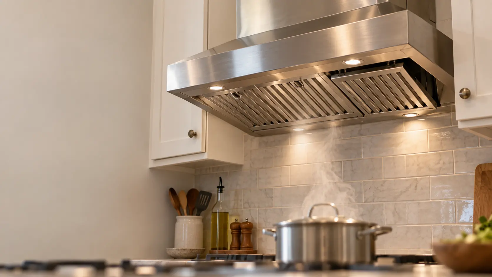 A stainless under-cabinet range hood below white shaker cabinets in a US home kitchen, steam rising into the range hood from a covered pot, one baffle filter slightly out of its frame, the burners soft and cropped at the bottom.