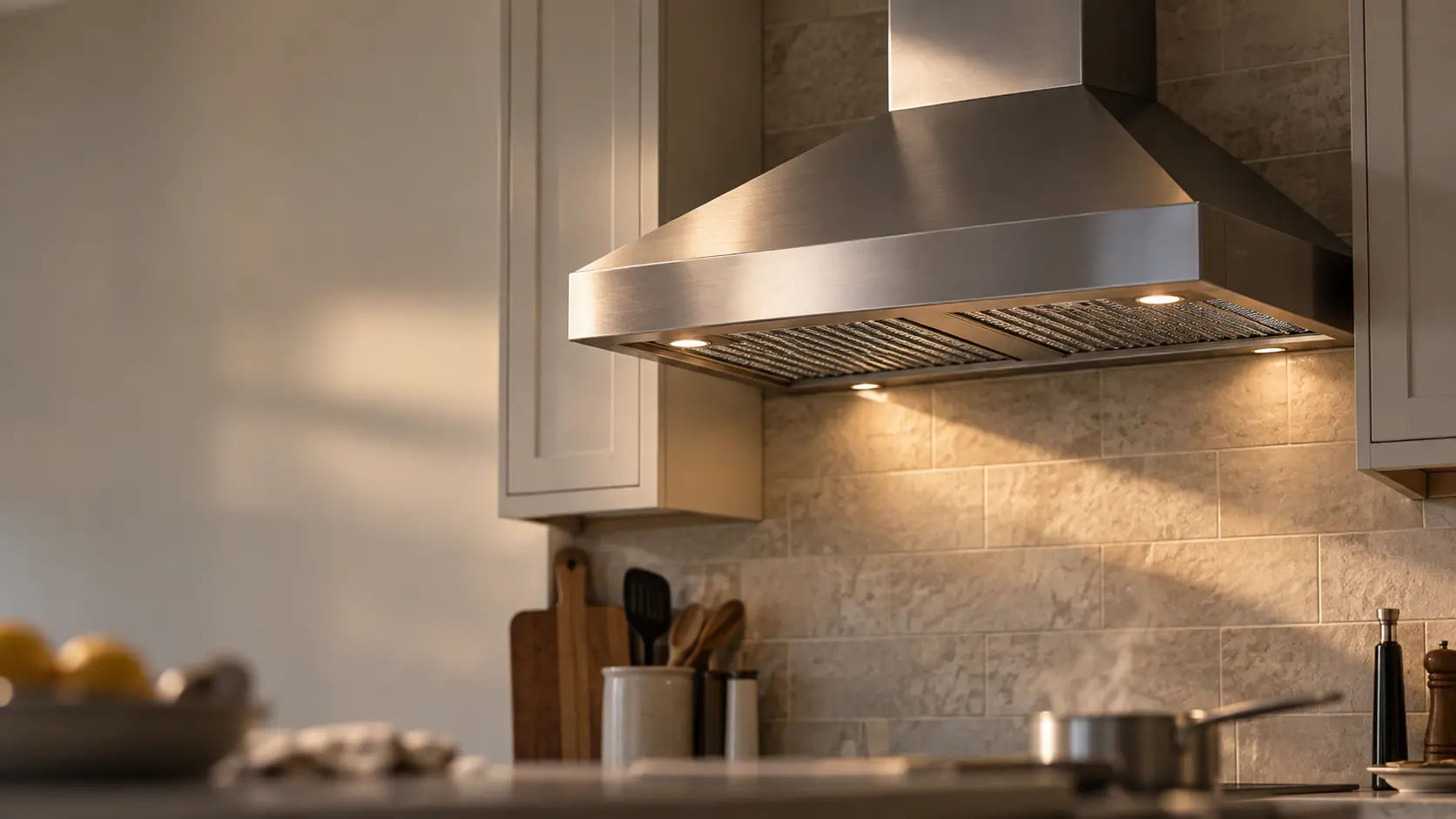 A stainless wall-mount range hood on a tiled wall in a quiet US home kitchen, a last wisp of steam from a pot set aside rising into the range hood while its lights glow, late afternoon sun across its front panel, the burners below cropped and out of focus.