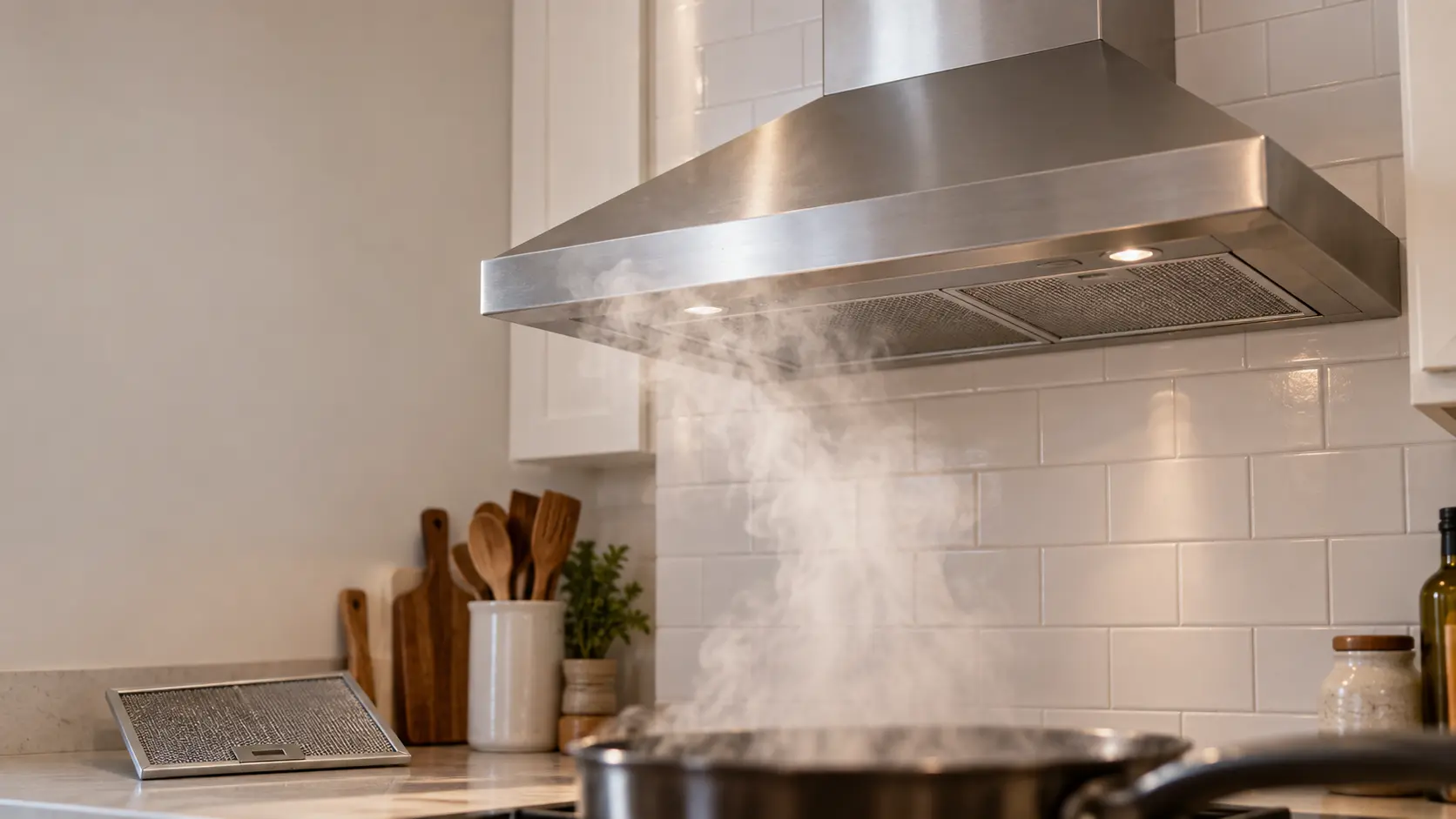 A stainless chimney range hood on a white tiled wall in a US home kitchen, steam from a searing pan rising toward the range hood with part of it drifting past the front edge, one mesh filter set on the counter below, the burners cropped and soft at the bottom of the frame.