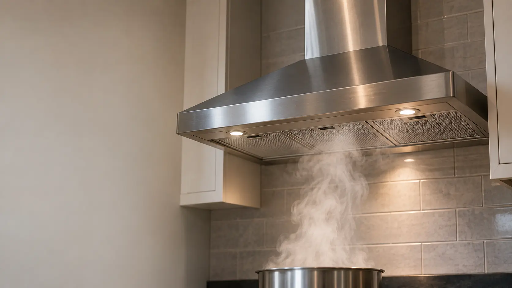 Steam rising from a pot straight into the canopy of a range hood, seen close.
