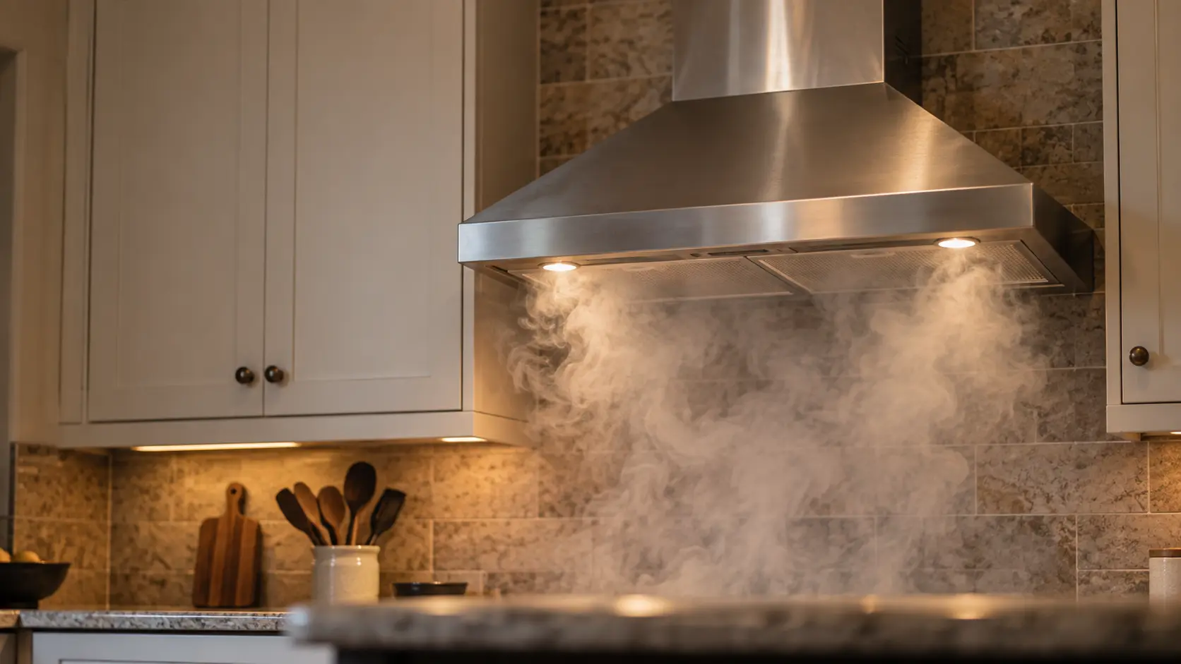 Smoke hanging under a wall-mount range hood in an empty kitchen, the fan clearly not pulling it.