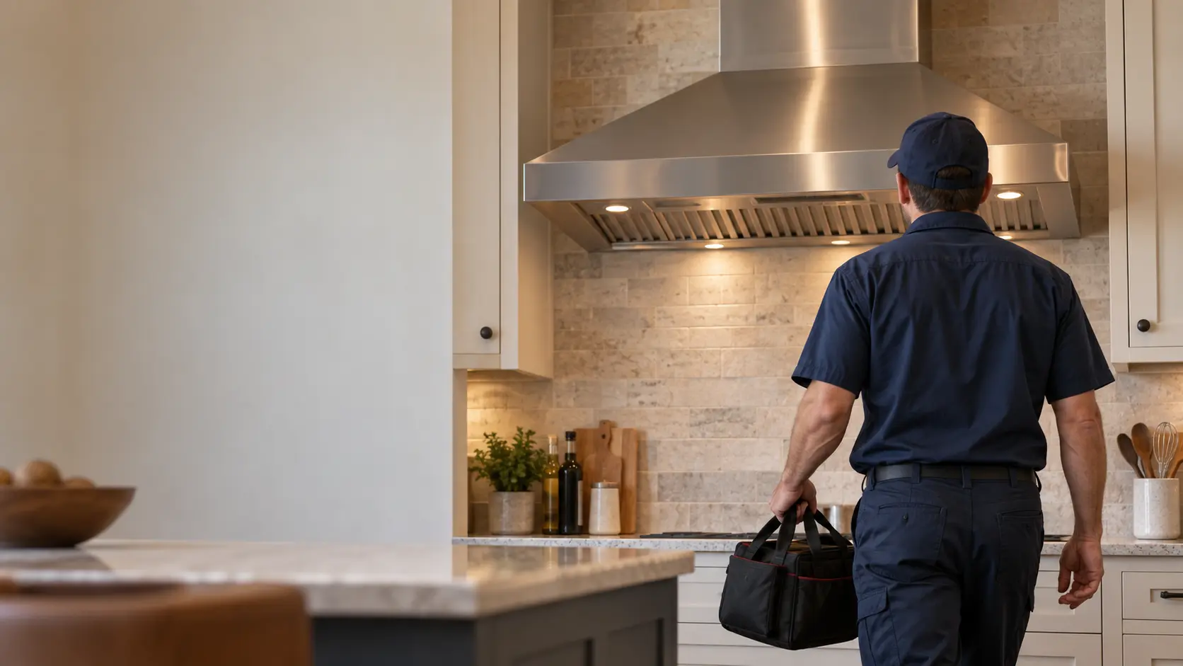 A technician arriving at a kitchen with a tool bag, a chimney range hood on the far wall, seen from behind.