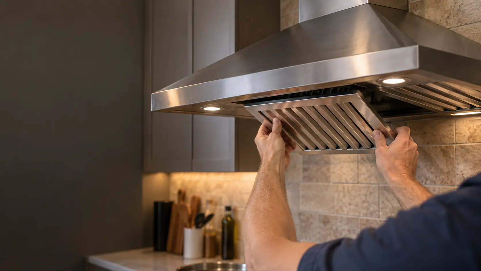 A technician's hands sliding a clean baffle filter back into the underside of a range hood.