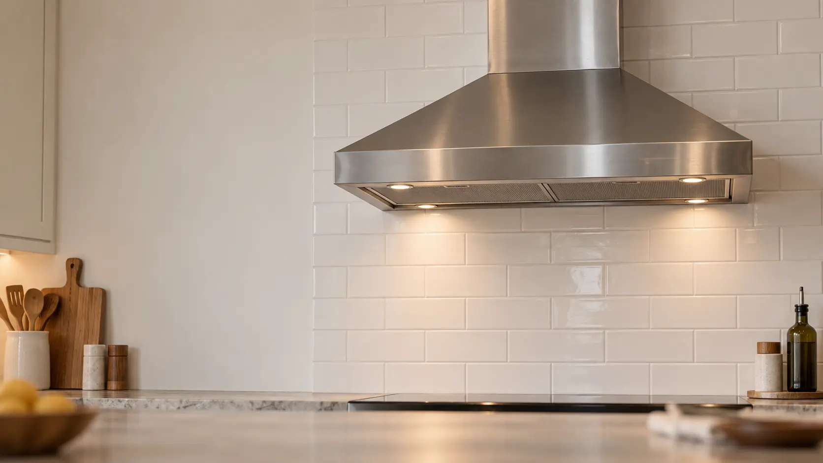 A stainless chimney range hood centered on a white tiled wall.