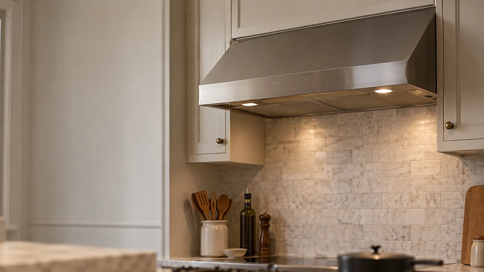 A New York prewar apartment's narrow kitchen with a compact under-cabinet range hood, seen from across the room.